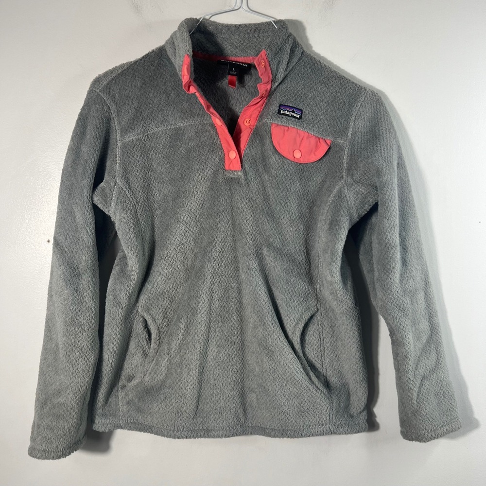Girls Patagonia Retool Snap T Synchilla Fleece Pullover Jacket‎ Gray Pink L 12
